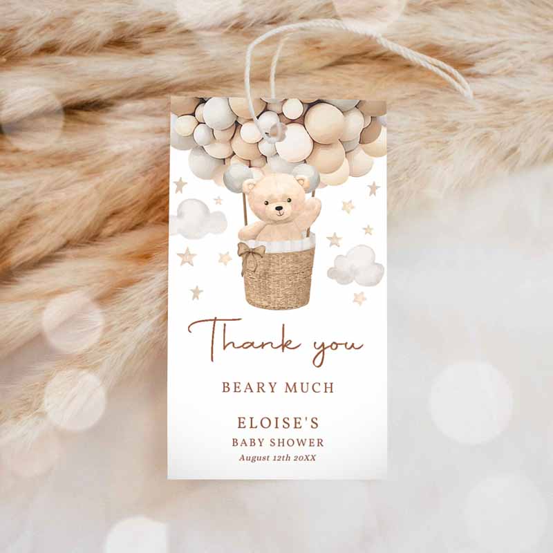 Teddy Bear Hot Air Balloon Baby Shower Favor Tags, Gender Neutral Teddy Bear Baby Shower We Can Bearly Wait