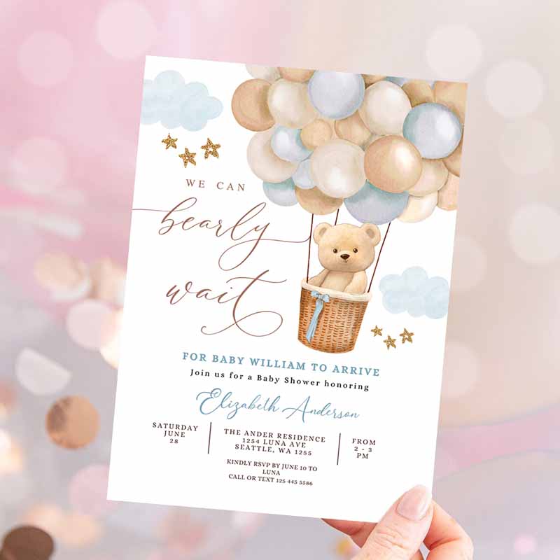 Teddy Bear Hot Air Balloon Baby Shower Invitation, Blue Tan Beige We Can Bearly Wait