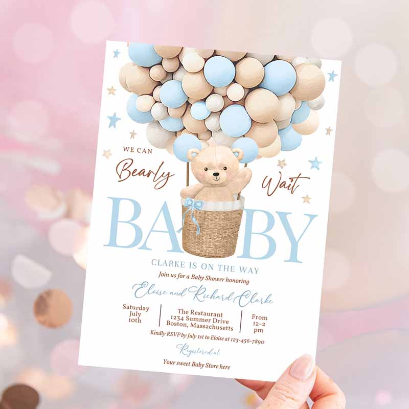 Teddy Bear Hot Air Balloon Baby Shower Invitation, Boy Blue Teddy Bear Baby Shower We Can Bearly WaIt