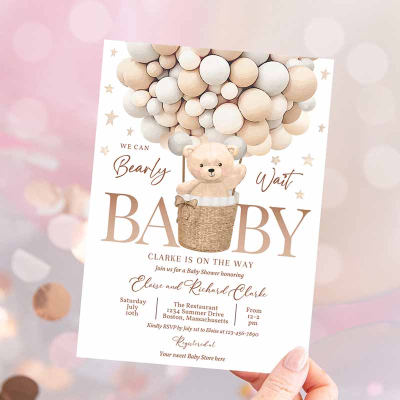 Teddy Bear Hot Air Balloon Baby Shower Invitation, Gender Neutral Teddy Bear Baby Shower We Can Bearly Wait