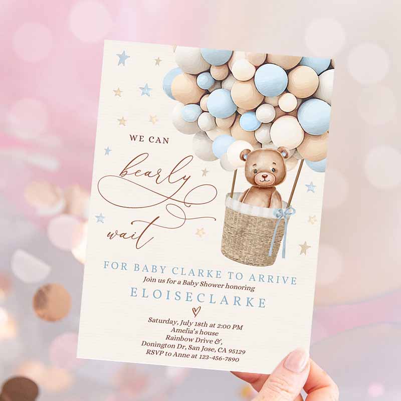 Teddy Bear Hot Air Balloon Baby Shower Invitations, Boy Blue Teddy Bear Baby Shower We Can Bearly WaIt