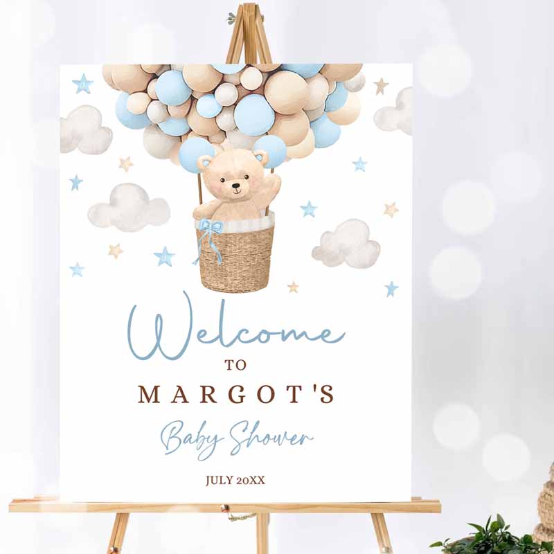 Teddy Bear Hot Air Balloon Baby Shower Welcome Sign, Boy Blue Teddy Bear Baby Shower We Can Bearly WaIt