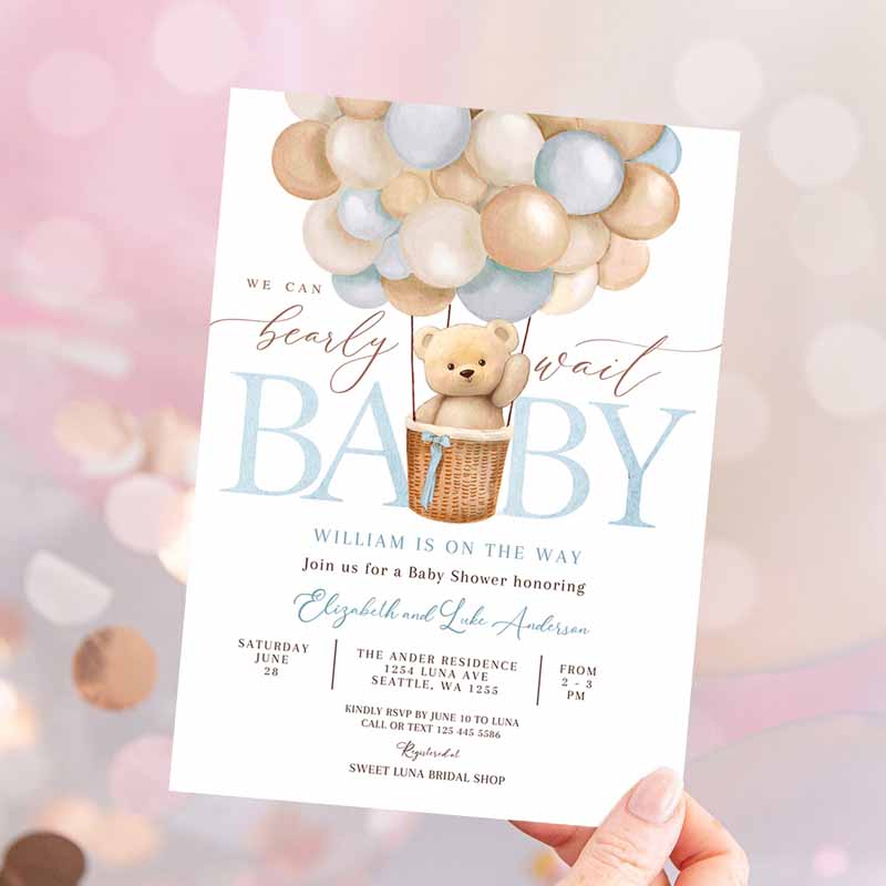 Teddy Bear Hot Air Balloon Beareme Baby Shower Invitation, We Can Bearly Wait