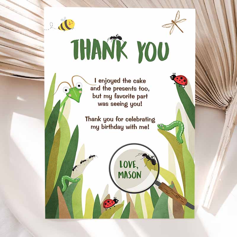 Thank You Card Bug Thank you Note Bug Kids Birthday, Insect Party, Boy Kids Birthday, Thank you