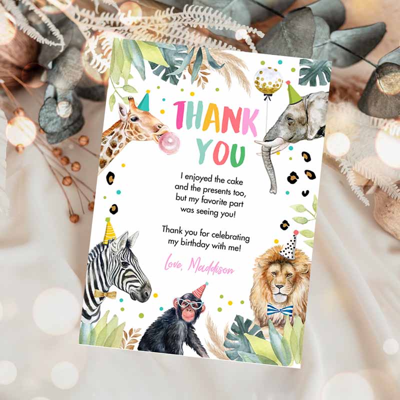 Thank You Card Safari Animal Wild One Two Wild Thank You Note Girl Pink Gold Jungle Zoo Animals