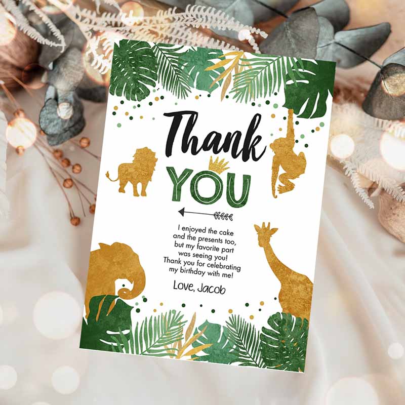 Thank You Card Safari Animals Wild One Thank You Note Black Gold Photo Boy Jungle Zoo Animals