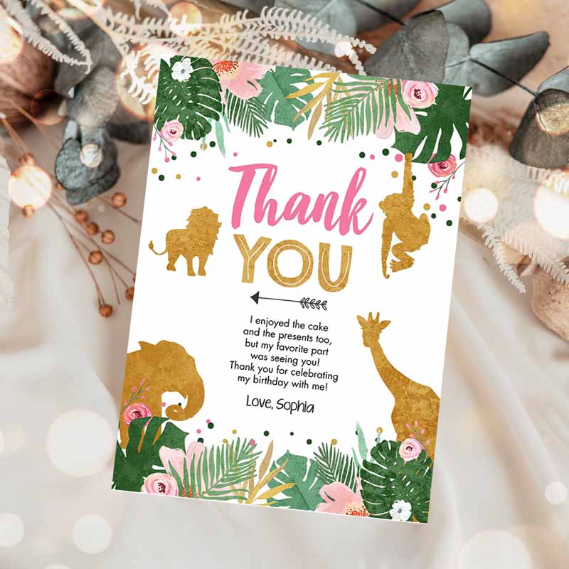 Thank You Card Safari Animals Wild One Thank You Note Black Photo Girl Pink Gold Jungle Zoo Animals