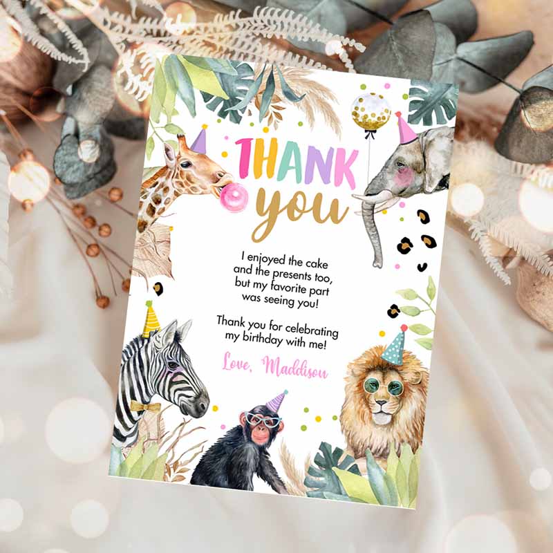 Thank You Card Safari Animals Wild One Two Wild Thank You Note Girl Pink Gold Jungle Zoo Animals