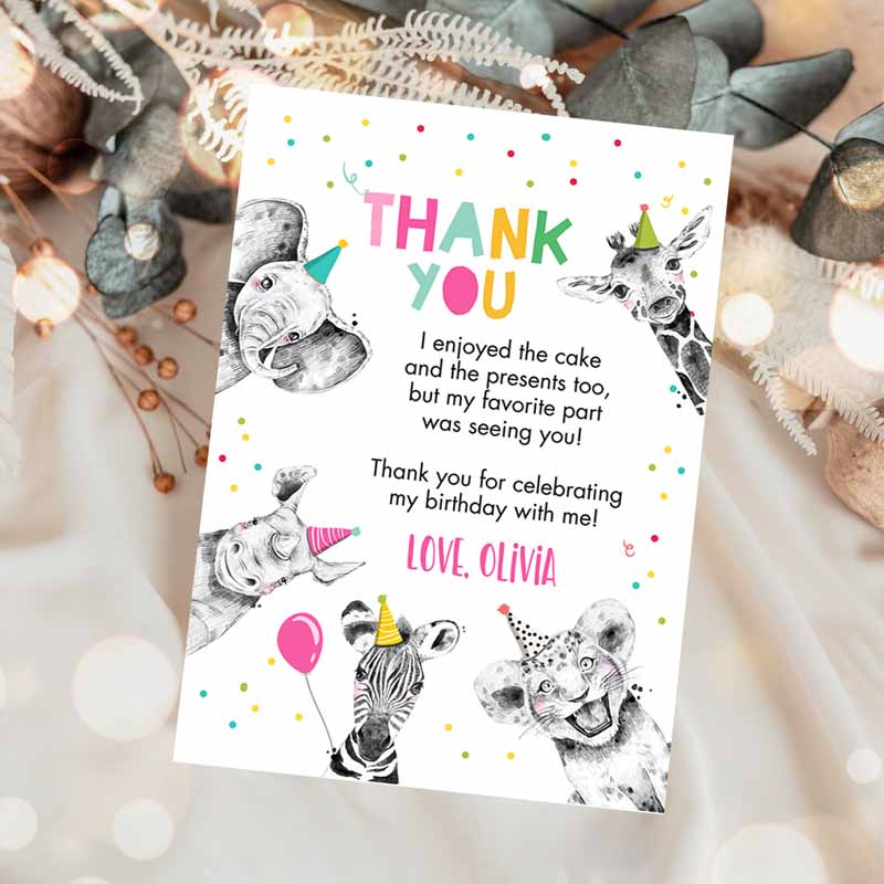 Thank You Card Safari Animals Wild One Two Wild Thank You Note Girl Pink Wildree Zoo Animals