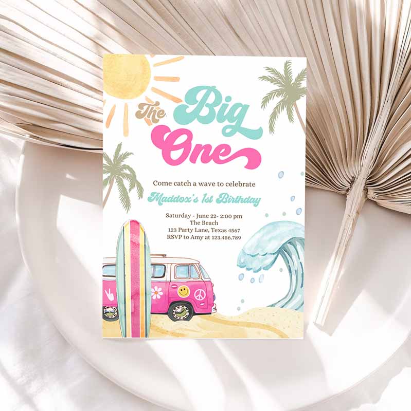 The Big One Surf Kids Birthday Party, Invite Girl Retro Surfboard Beach Party, Wave Surfer Boho