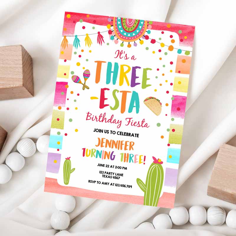 Three-Esta Fiesta Kids Birthday Invitation,ird Kids Birthday, Cactus Mexican Boy Girl Cactus