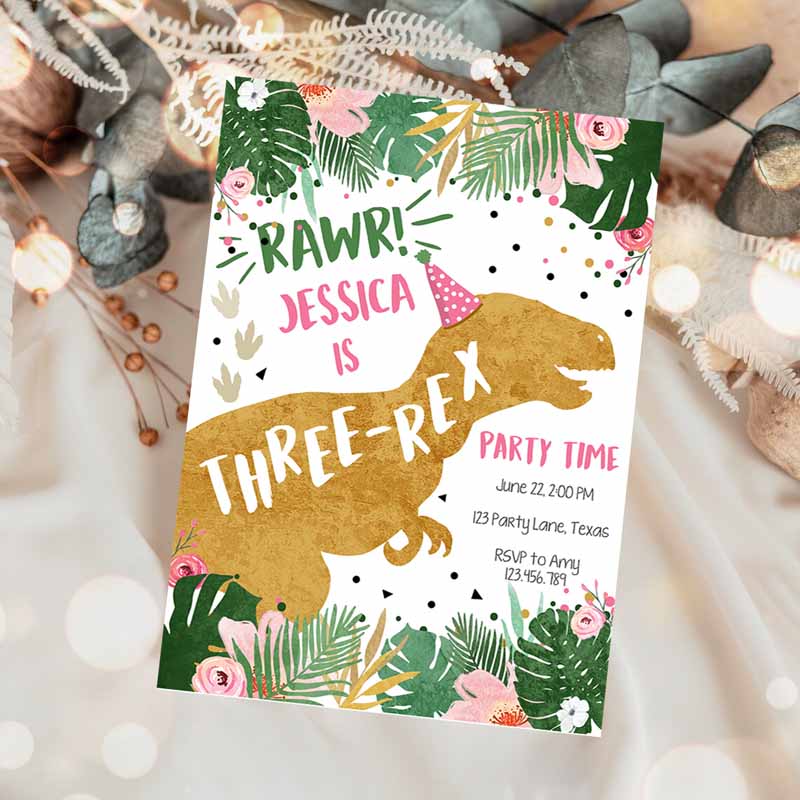 Three-Rex Dinosaur Kids Birthday Invitation,ird Kids Birthday, Dino T-Rex Prehistoric Rawr Girl Pink Gold