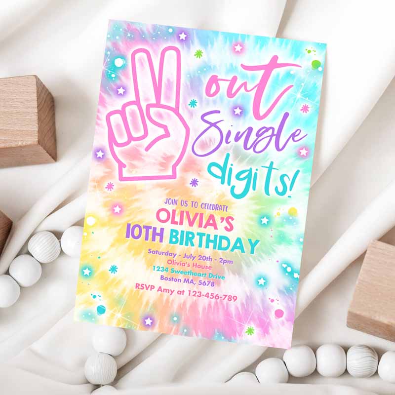 Tie Dye Kids Birthday Invitation, Peace Out Single Digits Hippy Tie Dye Party, Double Digits Tween VSCO Girl