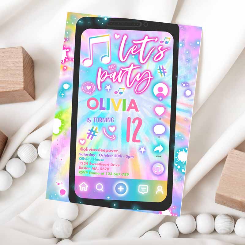 Tie Dye Music Kids Birthday Invitation, Music App Teen Tween Kids Birthday Party, Musical App Social Media Kids Birthday Party