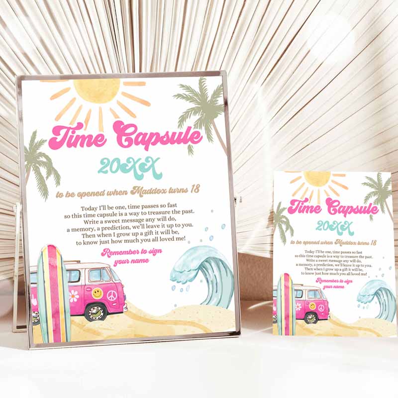 Time Capsule Surf First Kids Birthday Party, Surfing Decorationse Big One Girl Pink Beach Wave Retro