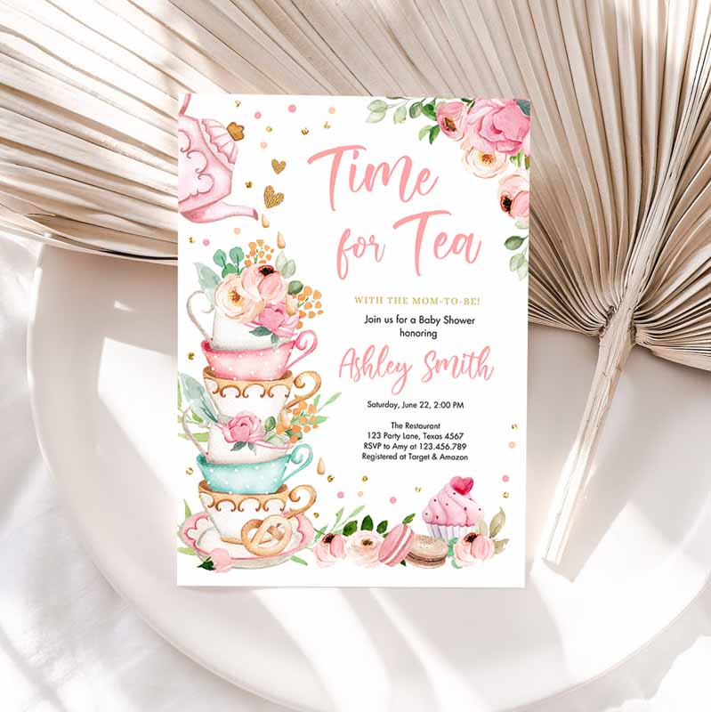 Time For Tea Baby Shower Invitation, Tea Party, Sprinkle Shower Floral Pink Gold Blush Baby is Brewing