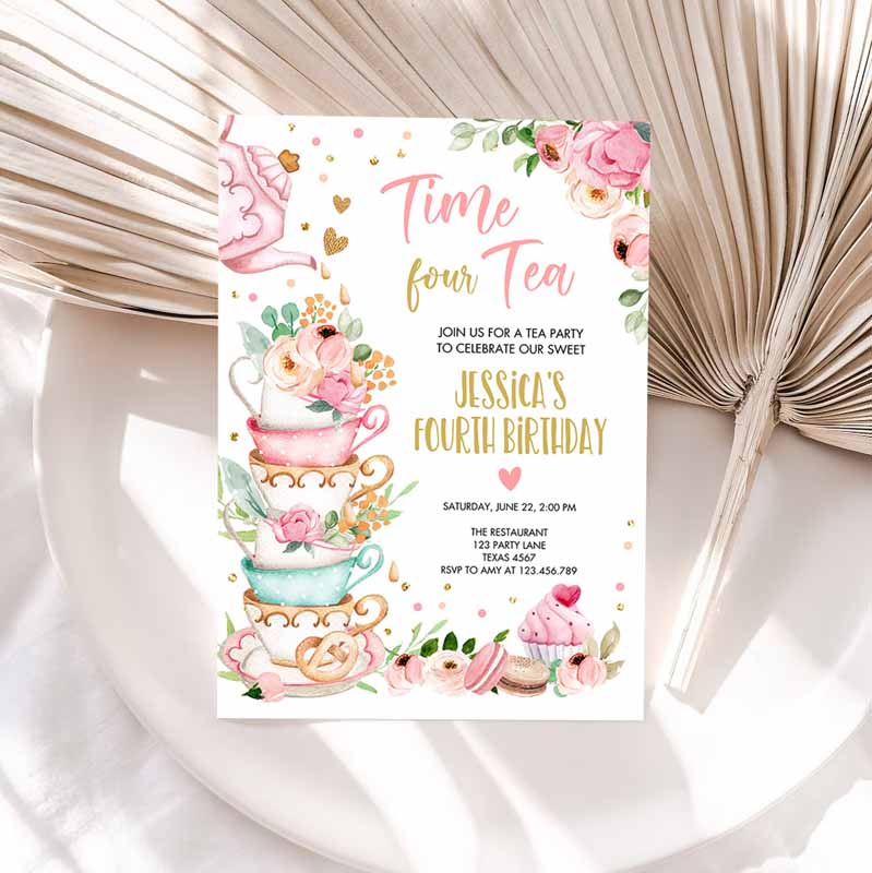 Time Four Tea Kids Birthday Invitation, Girl Tea Party, Invite Pink Gold Floral Peach Fourth Kids Birthday