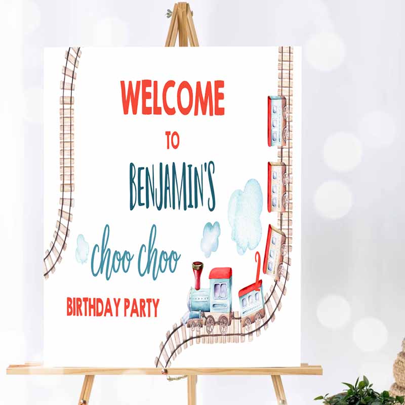 Train Kids Birthday, Backdrop Banner, Train Party, Railroad Vintage Train Welcome Sign, Red Blue Boy