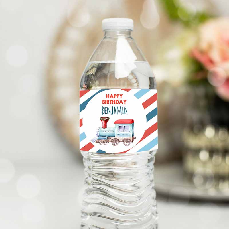 Train Water Bottle Label Boy Kids Birthday, Train Decor Red Blue Bottle Wraps Railroad Transportation