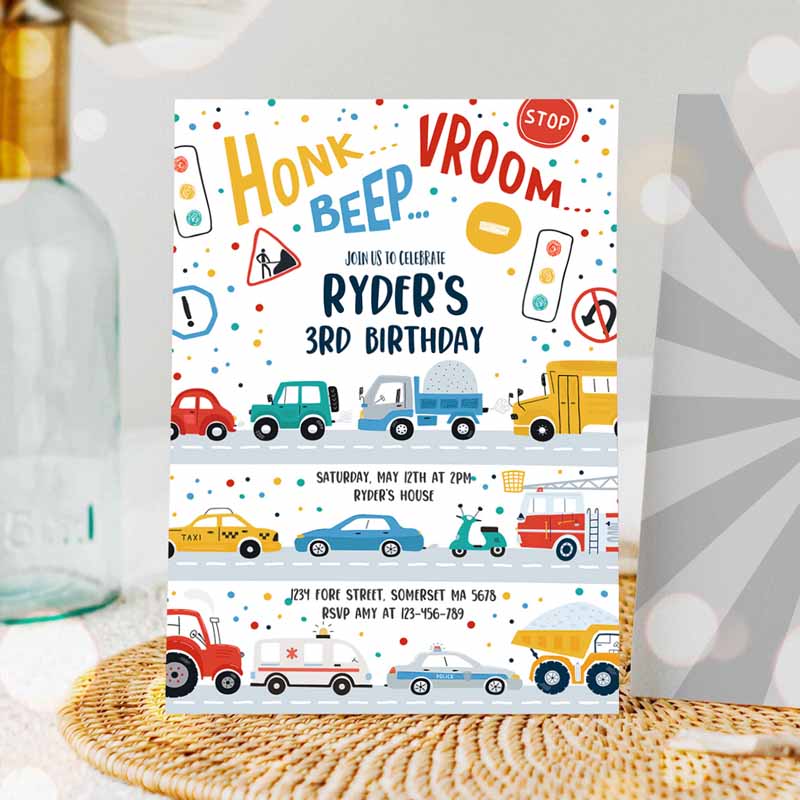 Transportation Kids Birthday Invitation, Trucks Cars Diggers Tractor First Responders Kids Birthday