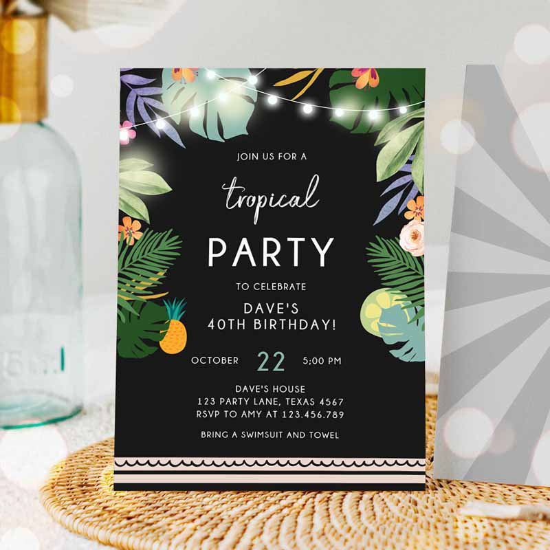 Tropical Kids Birthday Invitation, Tropical Party, Adult Kids Birthday, Man Woman Palm Leaves Hawaiian Party