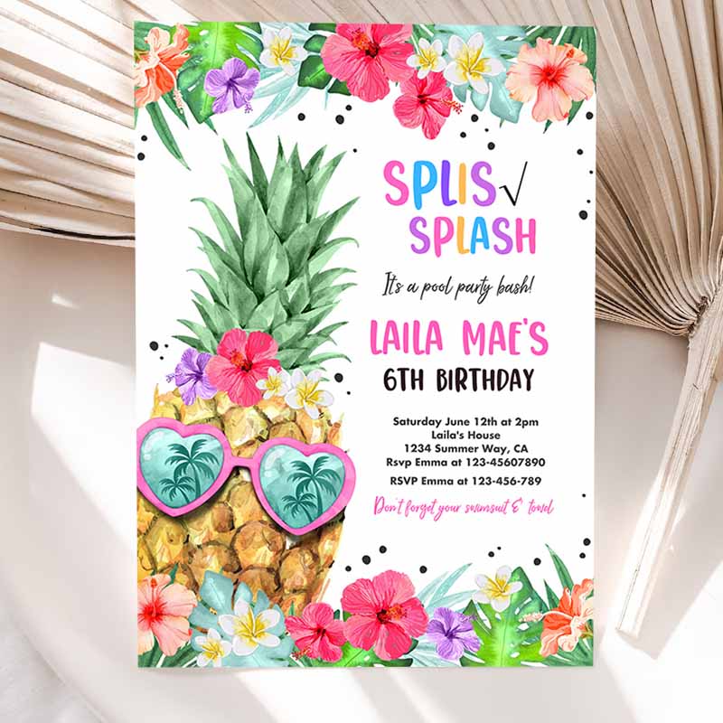 Tropical Pool Party Invitation, Hawaiian Luau Pool Party, Pineapple Kids Birthday Party, Pineapple Pool Party