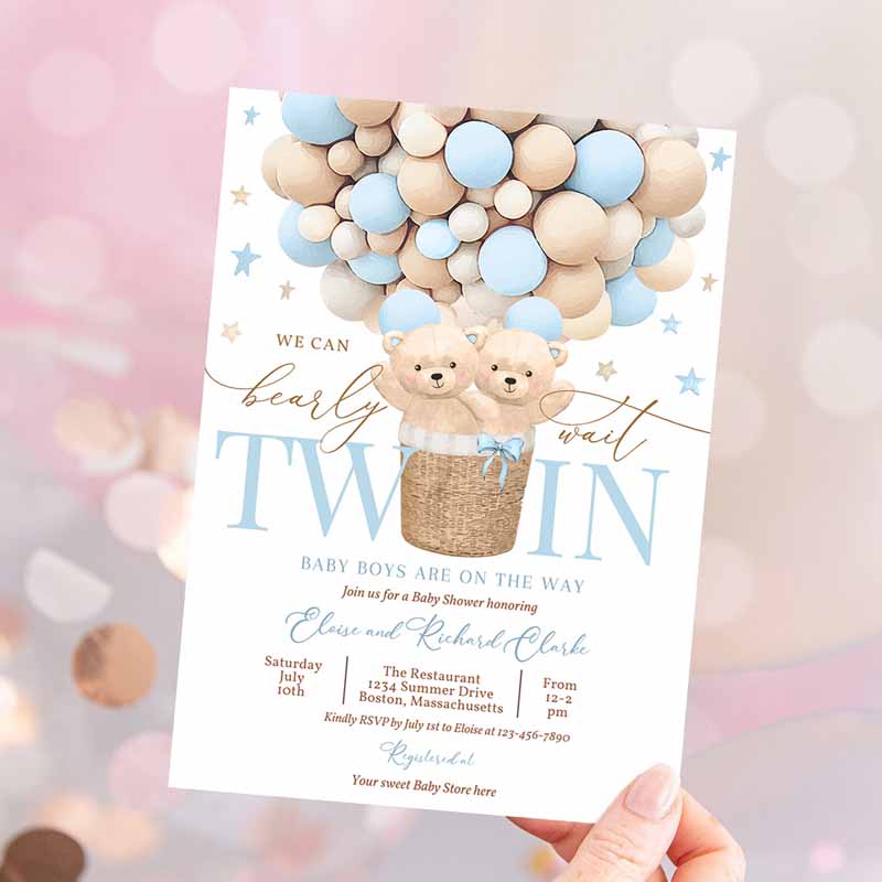 Twin Teddy Bear Hot Air Balloon Baby Shower Invitation, Teddy Bear Baby Shower We Can Bearly Wait