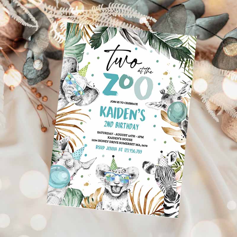 Two Ate Zoo Kids Birthday Invitation, Safari Animals Invite Jungle Safari Animal Kids Birthday Party