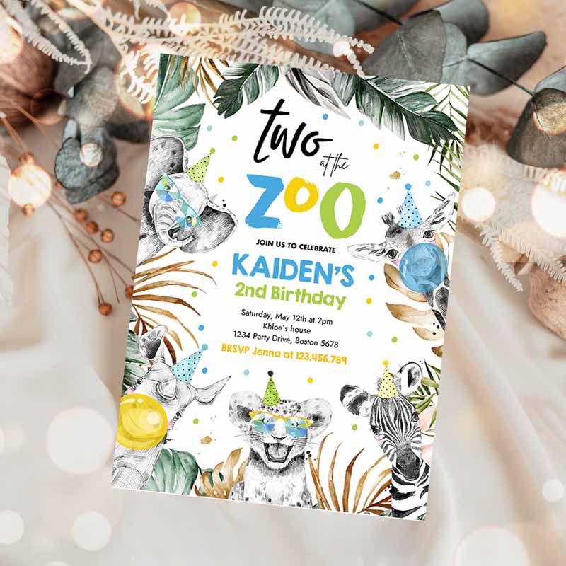 Two Ate Zoo Kids Birthday Invitation, Safari Animals Invite Jungle Safari Animal Kids Birthday Party, Monochrome