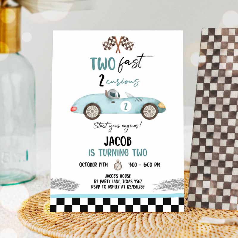 Two Fast Kids Birthday Invitation, Curious Party, Race Car Second Kids Birthday, Racing Boy