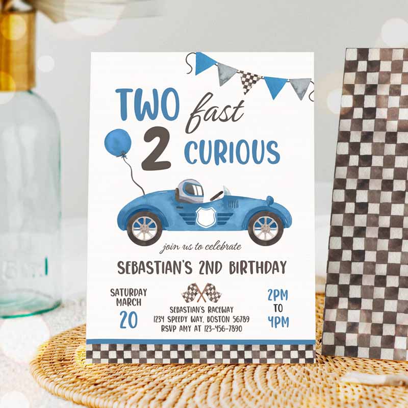 Two Fast Kids Birthday Invitation, Blue Two Fast Boy Race Car Kids Birthday Party, Invite Two Fast Curious Race Car Party