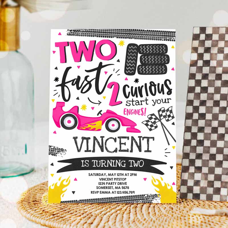 Two Fast Kids Birthday Invitation, Dark Pink Two Fast Race Car Kids Birthday Party, Invite Two Fast Curious Pink Race Car Party