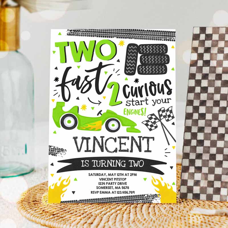 Two Fast Kids Birthday Invitation, Green Two Fast Race Car Kids Birthday Party, Two Fast Curious Green Race Car Party