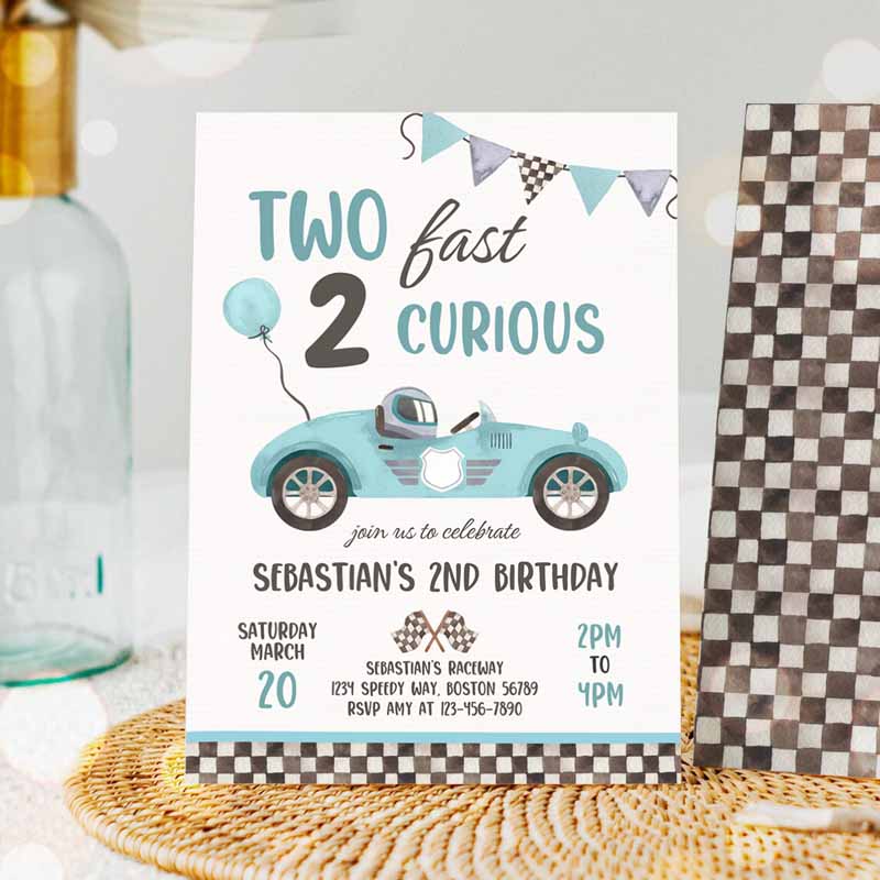 Two Fast Kids Birthday Invitation, Light Blue Two Fast Boy Race Car Kids Birthday Party, Invite Two Fast Curious Race Car Party