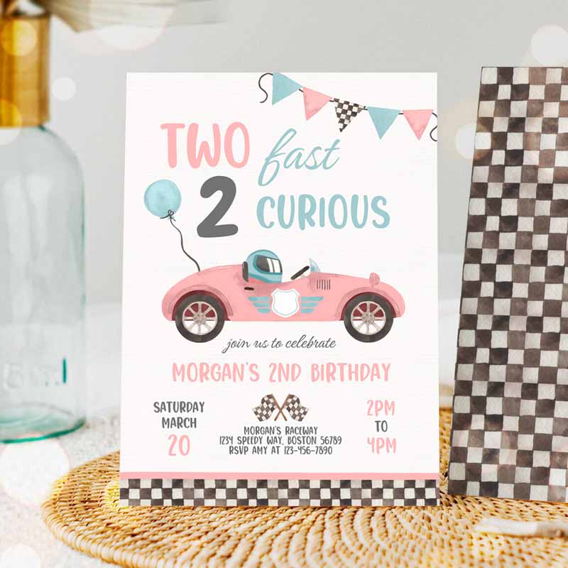 Two Fast Kids Birthday Invitation, Pink Two Fast Girl Pink Race Car Kids Birthday Party, Two Fast Curious Race Car Party