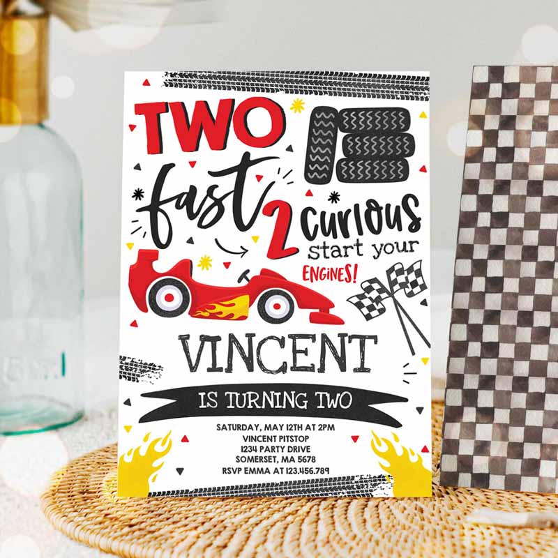 Two Fast Kids Birthday Invitation, Red Two Fast Boy Race Car Kids Birthday Party, Invite Two Fast Curious Race Car Party