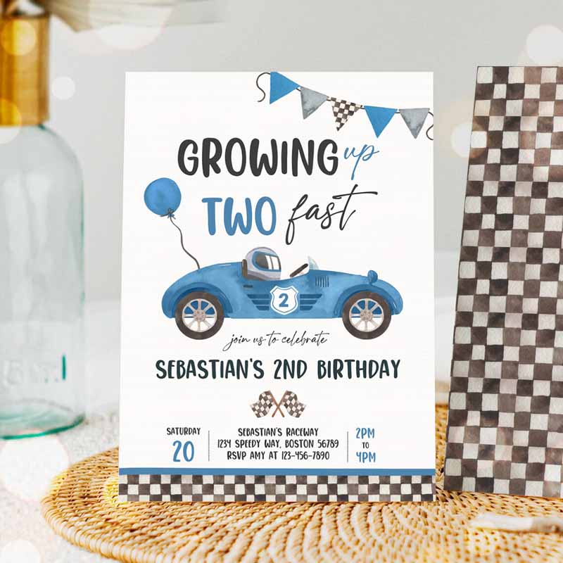 Two Fast Kids Birthday Invitation, Two Fast Boy Race Car Kids Birthday Party, Growing Up Two Fast Race Car Party