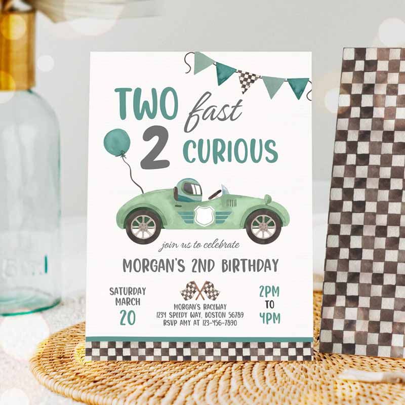 Two Fast Kids Birthday Invitation, Two Fast Boy Race Car Kids Birthday Party, Invite Two Fast Curious Race Car Party