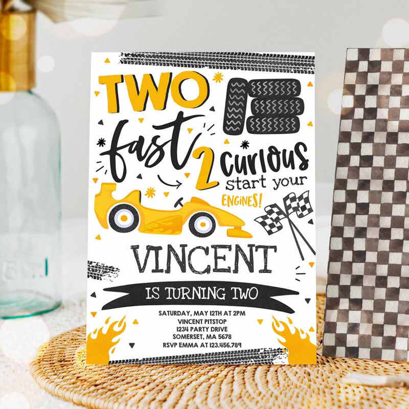 Two Fast Kids Birthday Invitation, Yellow Two Fast Race Car Kids Birthday Party, Invite Two Fast Curious Yellow Car Party