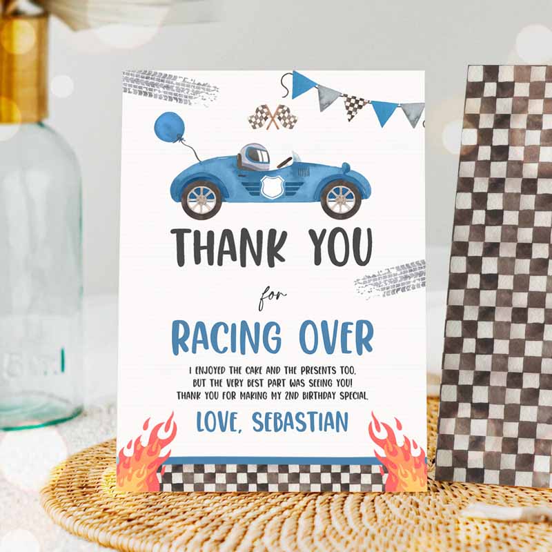 Two Fast Kids Birthday, Thank You Card Blue Race Car Thank You Cards Race Car Growing Up Two Fast Kids Birthday Party