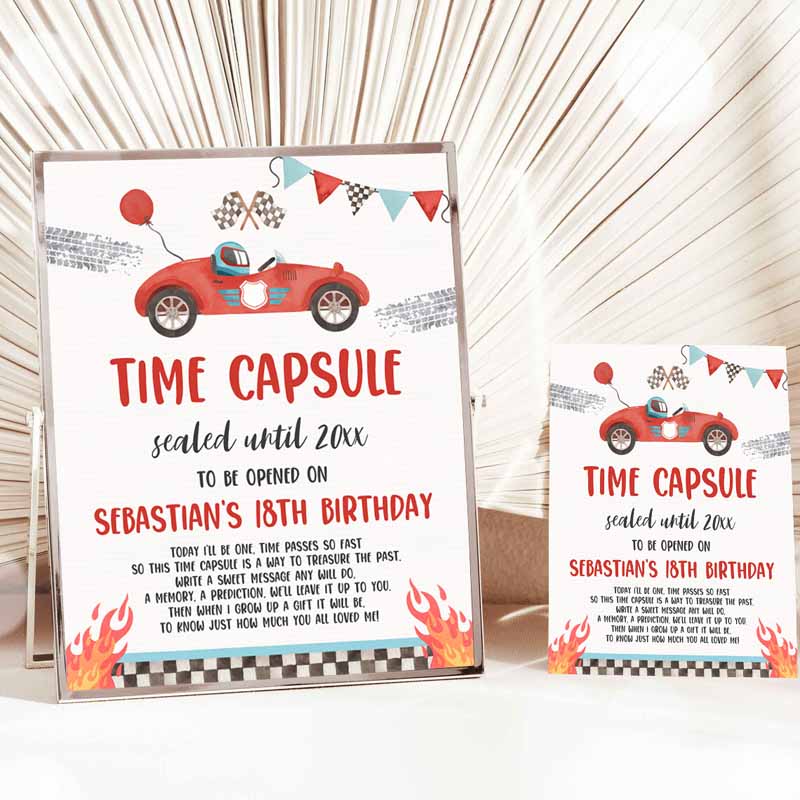 Two Fast Kids Birthday, Time Capsule Matching Note Card Race Car Red Race Car Two Fast Kids Birthday