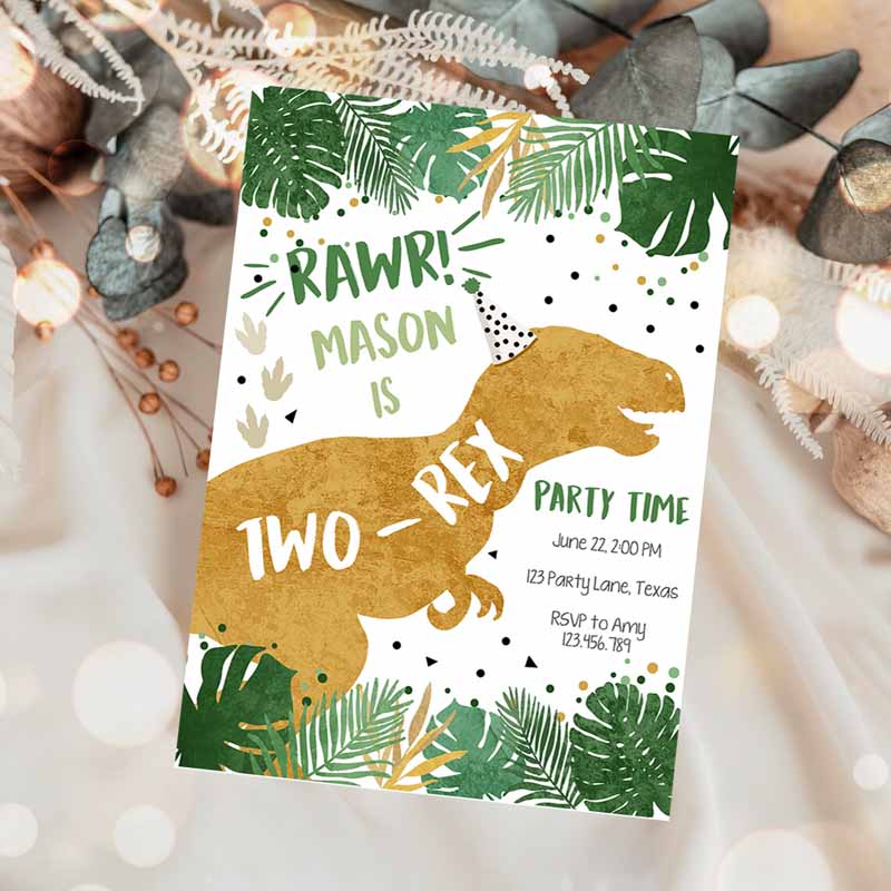 Two-Rex Dinosaur Kids Birthday Invitation, Dino T-Rex Boy Second Kids Birthday, RAWR ROAR Green Gold Prehistoric