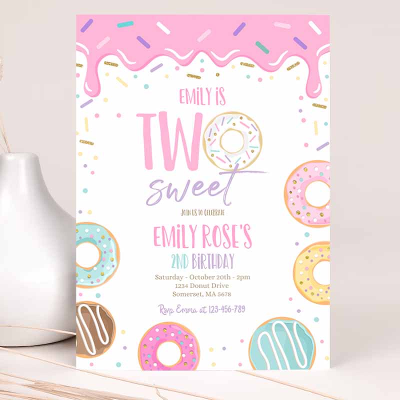 Two Sweet Donut Kids Birthday, Pink Pastel Donut Two Sweet Kids Birthday, Donut Kids Birthday Party