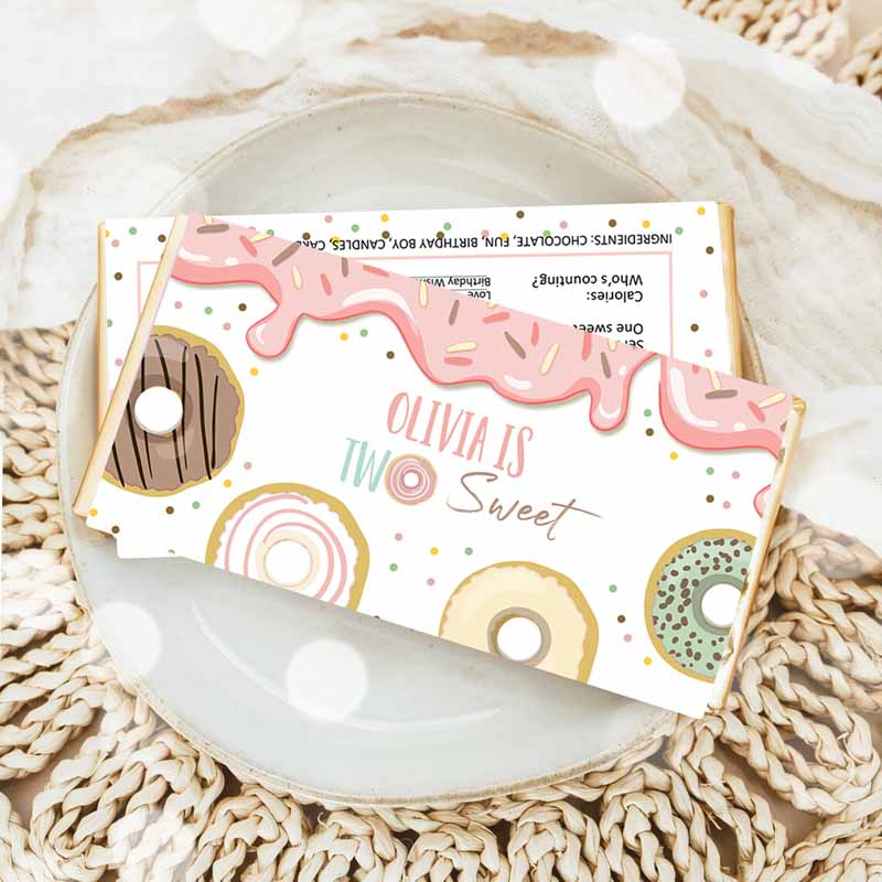 Two Sweet Donut Candy Bar Wrapper Donut Kids Birthday, Chocolate Wrapper Girl Doughnut Pink