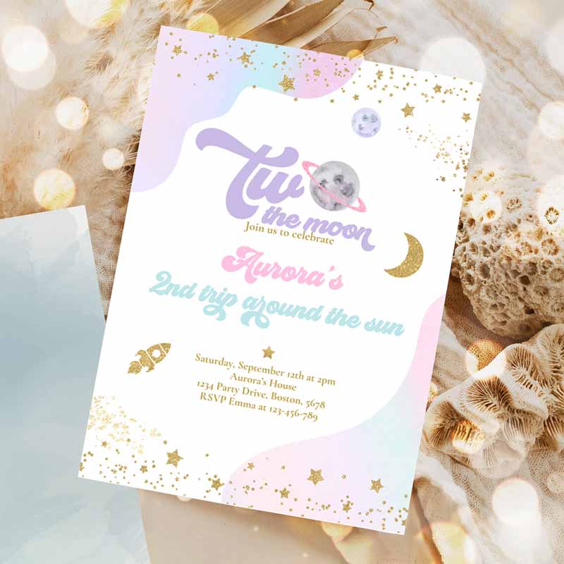 Two The Moon Space Kids Birthday Invitation, Trip Arounde Sun Watercolor Pink Planets Galaxy Outer Space Party