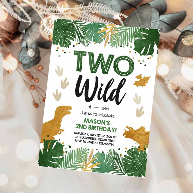 Two Wild Kids Birthday Invitation, Dinosaur Dino Party, Boy Second Kids Birthday, Green Gold In Two The Wild