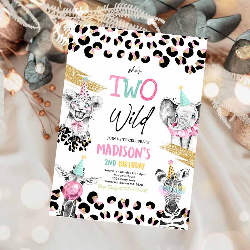 Two Wild Kids Birthday Invitation, Safari Animals Kids Birthday Party, Monochrome Safari Animals Cheetah Leopard Print Party