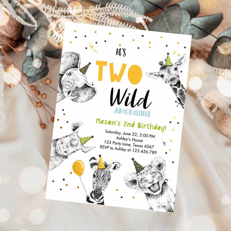 Two Wild Kids Birthday Invitation, Safari Animals Animals Boy Green Gold Second Kids Birthday, Confetti