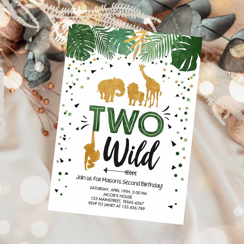 Two Wild Kids Birthday Invitation, Safari Animals Party, Jungle Zoo Animals Boy Gold Confetti Green