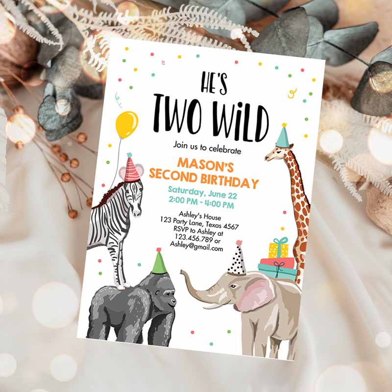 Two Wild Kids Birthday Invitation, Safari Animals Party, Jungle Zoo Animals Boy Animals